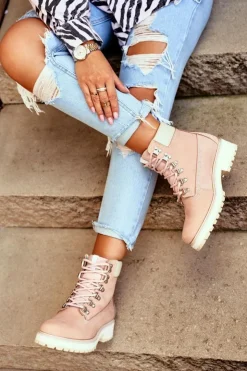 Big Star Shoes Damskie Trapery|Botki Sznurowane*Damskie Botki Trapery Big Star Pastelowe Różowe EE274034