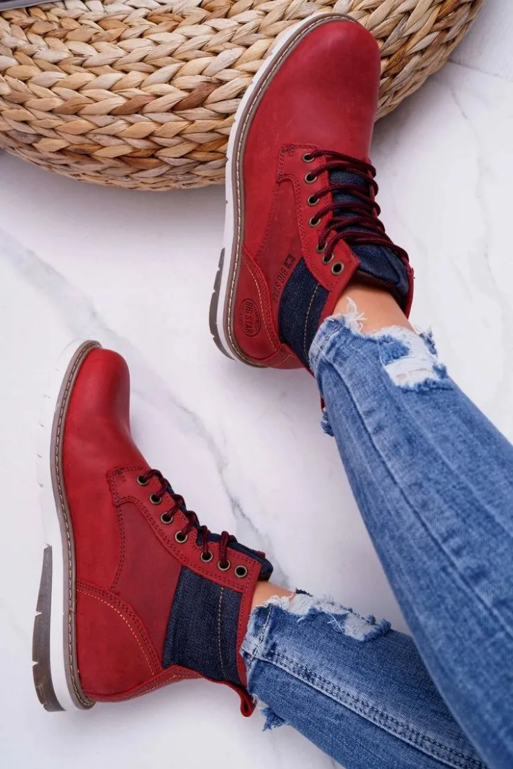 Hot Big Star Shoes Damskie Botki Trapery Big Star Skórzane Bordowe EE274006