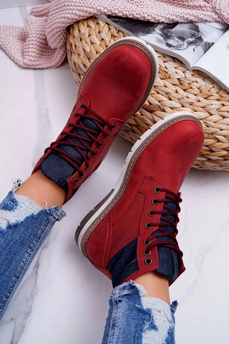 Hot Big Star Shoes Damskie Botki Trapery Big Star Skórzane Bordowe EE274006