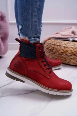 Hot Big Star Shoes Damskie Botki Trapery Big Star Skórzane Bordowe EE274006