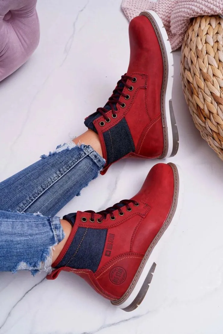 Hot Big Star Shoes Damskie Botki Trapery Big Star Skórzane Bordowe EE274006