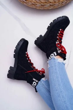 Boto Botki Sznurowane|Botki Zimowe Damskie*Damskie Botki Trapery Czarne Zamszowe Panther