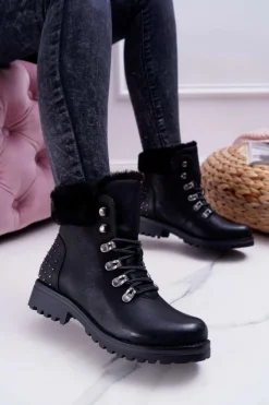 Clearance Boto Damskie Botki Trapery Futerko Czarne Ergost