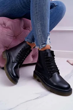 Big Star Shoes Damskie Trapery|Botki Sznurowane*Damskie Botki Trapery Glany Big Star Skórzane Czarne EE274001