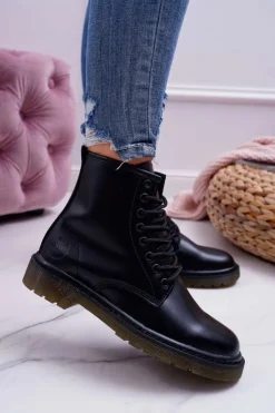 Big Star Shoes Damskie Trapery|Botki Sznurowane*Damskie Botki Trapery Glany Big Star Skórzane Czarne EE274001