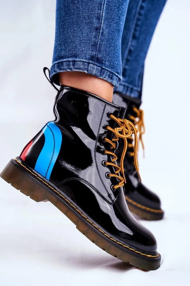 GOE Damskie Trapery|Botki Sznurowane*Damskie Botki Trapery Glany Skórzane Czarne GG2N3056