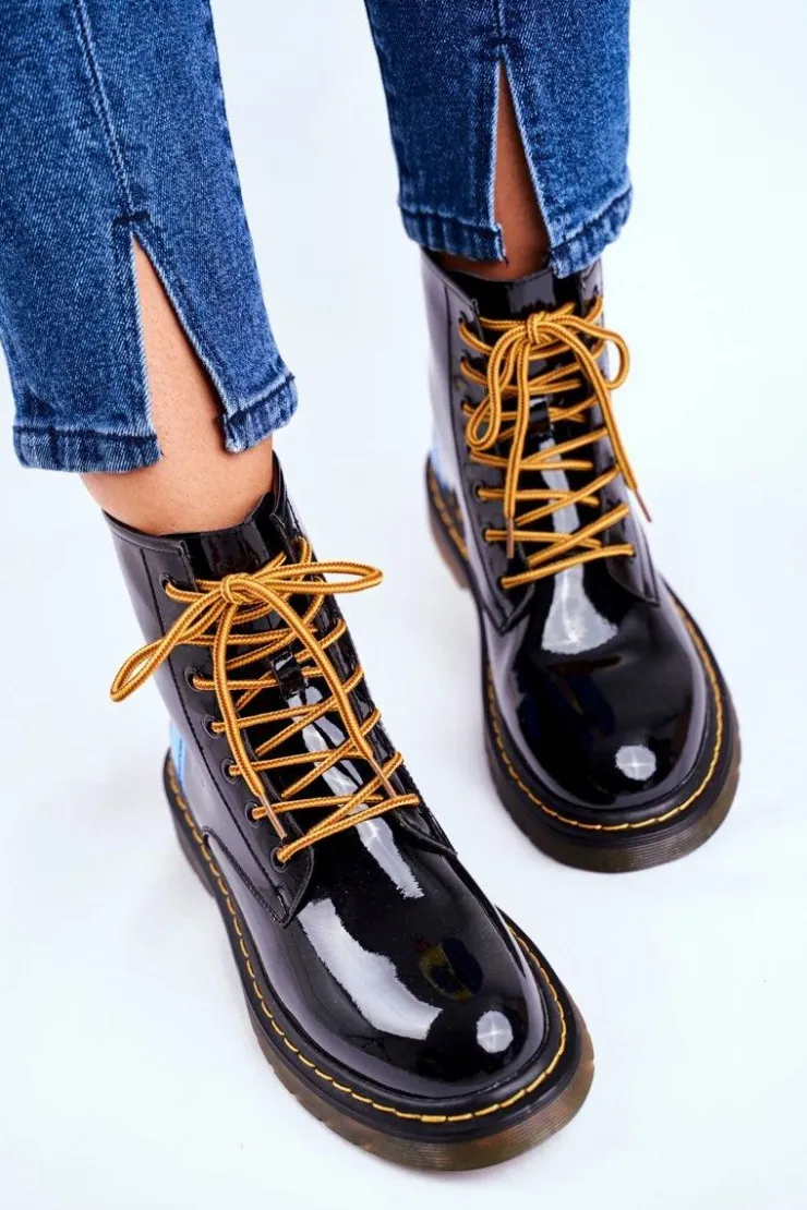 GOE Damskie Trapery|Botki Sznurowane*Damskie Botki Trapery Glany Skórzane Czarne GG2N3056