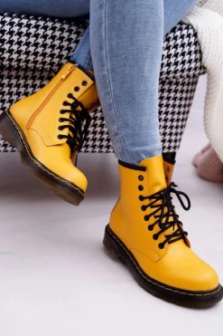 Boto Damskie Trapery|Botki Sznurowane*Damskie Botki Trapery Glany Żółte Gangsta