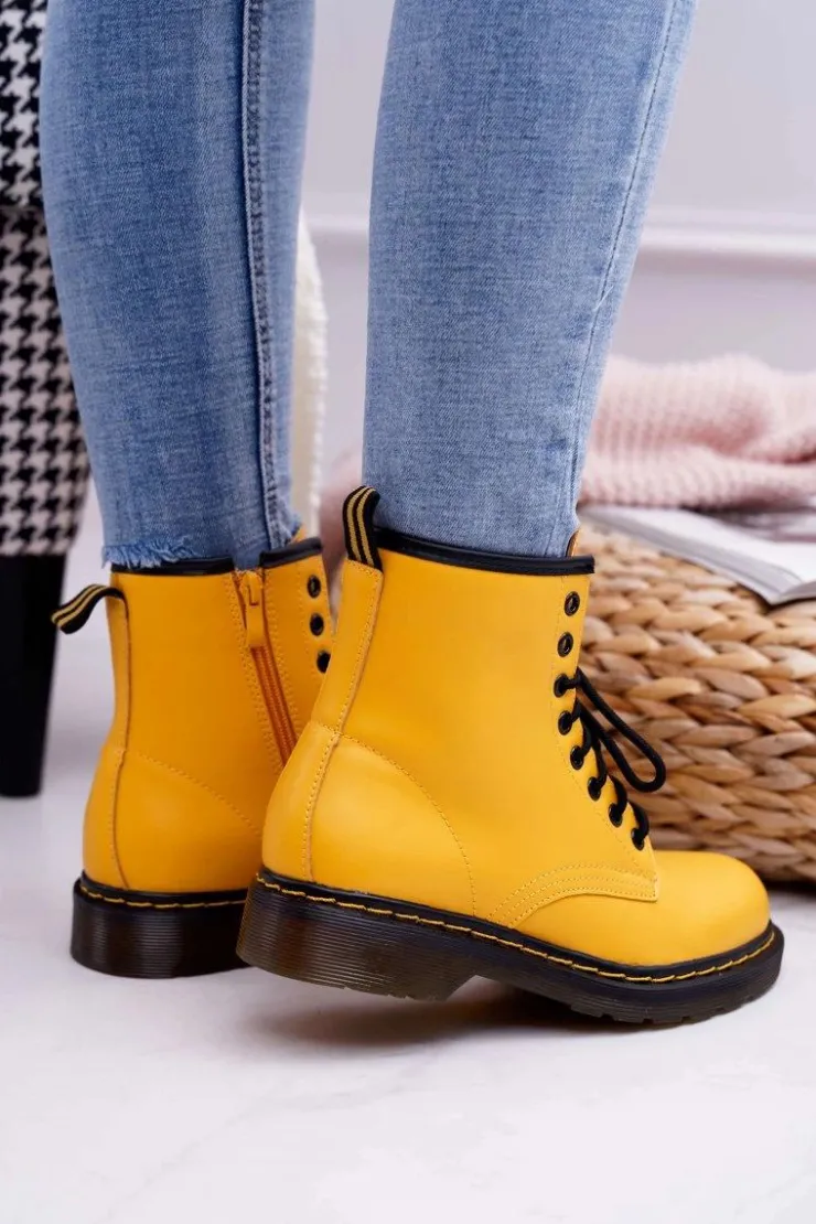 Boto Damskie Trapery|Botki Sznurowane*Damskie Botki Trapery Glany Żółte Gangsta