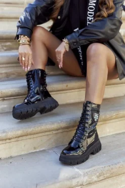 Damskie Boto Damskie Botki Trapery Glany Lakierowane Czarne Coriera