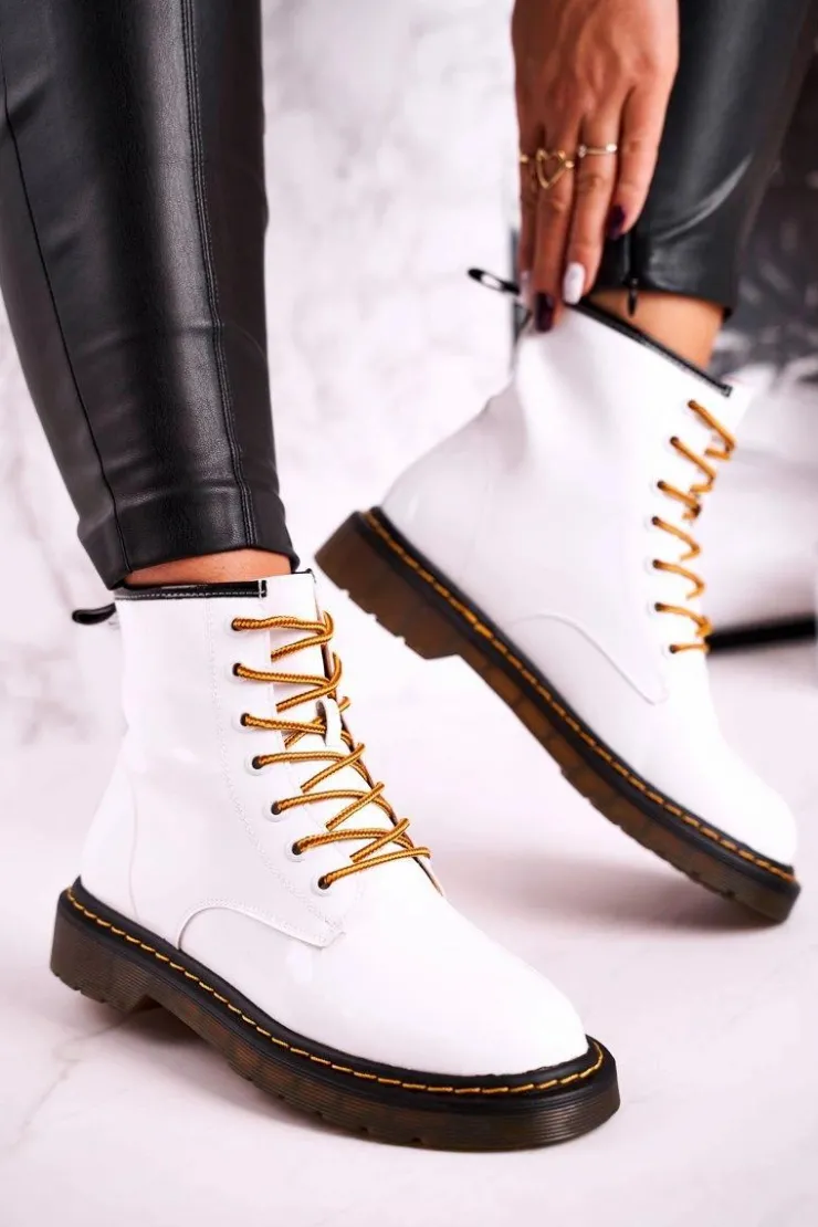 Damskie GOE Damskie Botki Trapery Glany Skórzane Białe GG2N3057A