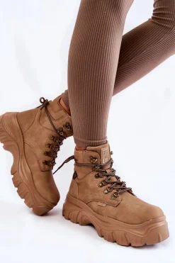 Big Star Shoes Damskie Trapery|Botki Sznurowane*Damskie Botki Trapery Memory Foam Big Star KK274366 Beżowe