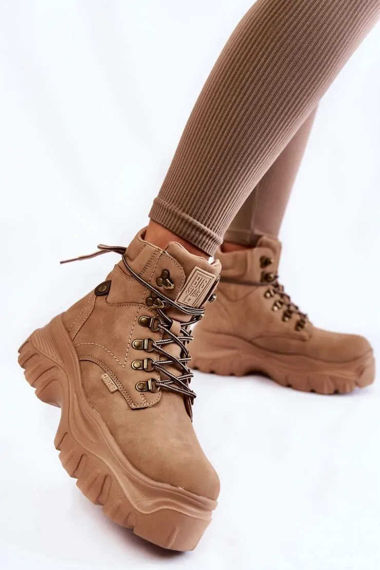 Big Star Shoes Damskie Trapery|Botki Sznurowane*Damskie Botki Trapery Memory Foam Big Star KK274366 Beżowe