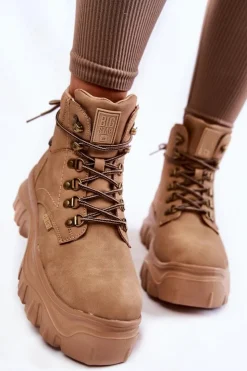 Big Star Shoes Damskie Trapery|Botki Sznurowane*Damskie Botki Trapery Memory Foam Big Star KK274366 Beżowe