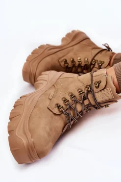 Big Star Shoes Damskie Trapery|Botki Sznurowane*Damskie Botki Trapery Memory Foam Big Star KK274366 Beżowe