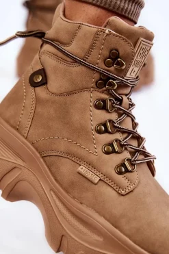 Big Star Shoes Damskie Trapery|Botki Sznurowane*Damskie Botki Trapery Memory Foam Big Star KK274366 Beżowe