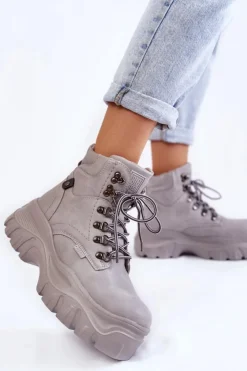 Damskie Big Star Shoes Damskie Botki Trapery Memory Foam Big Star KK274367 Szare