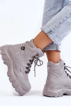 Damskie Big Star Shoes Damskie Botki Trapery Memory Foam Big Star KK274367 Szare