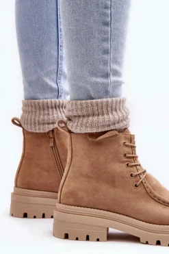 Damskie Boto Damskie Botki Trapery Na Suwak Ciemnobeżowe Apolosi