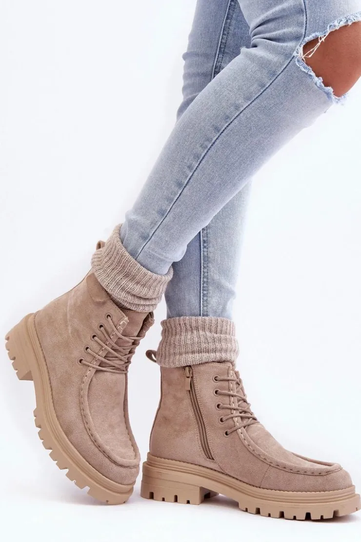 Discount Boto Damskie Botki Trapery Na Suwak Beżowe Apolosi Beżowy