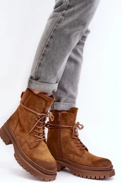 Boto Damskie Trapery|Botki Sznurowane*Damskie Botki Trapery Na Grubej Podeszwie Camel Narelona