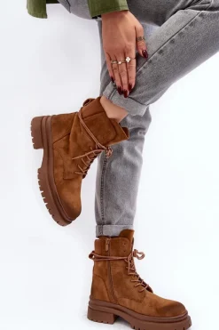 Boto Damskie Trapery|Botki Sznurowane*Damskie Botki Trapery Na Grubej Podeszwie Camel Narelona