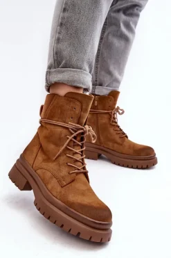 Boto Damskie Trapery|Botki Sznurowane*Damskie Botki Trapery Na Grubej Podeszwie Camel Narelona