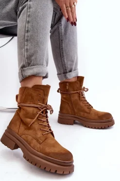 Boto Damskie Trapery|Botki Sznurowane*Damskie Botki Trapery Na Grubej Podeszwie Camel Narelona