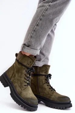 Boto Damskie Botki Trapery Na Grubej Podeszwie Ciemnozielone Narelona