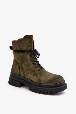 Boto Damskie Botki Trapery Na Grubej Podeszwie Ciemnozielone Narelona