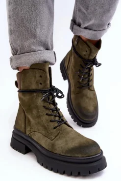 Boto Damskie Botki Trapery Na Grubej Podeszwie Ciemnozielone Narelona