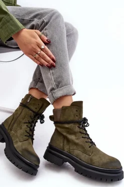 Boto Damskie Botki Trapery Na Grubej Podeszwie Ciemnozielone Narelona