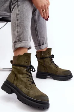 Boto Damskie Botki Trapery Na Grubej Podeszwie Ciemnozielone Narelona