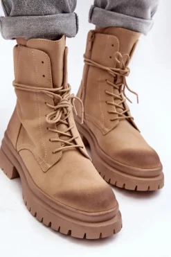 Damskie Boto Damskie Botki Trapery Na Grubej Podeszwie Beżowe Narelona
