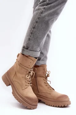 Damskie Boto Damskie Botki Trapery Na Grubej Podeszwie Beżowe Narelona