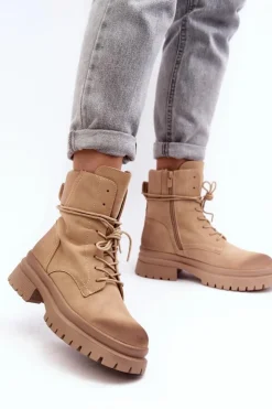 Damskie Boto Damskie Botki Trapery Na Grubej Podeszwie Beżowe Narelona