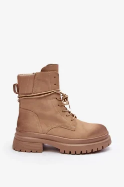 Damskie Boto Damskie Botki Trapery Na Grubej Podeszwie Beżowe Narelona