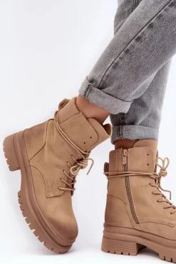 Damskie Boto Damskie Botki Trapery Na Grubej Podeszwie Beżowe Narelona