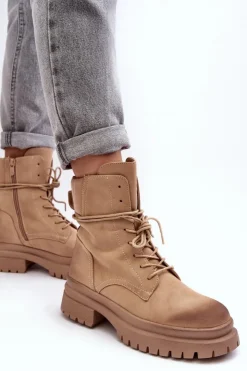 Damskie Boto Damskie Botki Trapery Na Grubej Podeszwie Beżowe Narelona