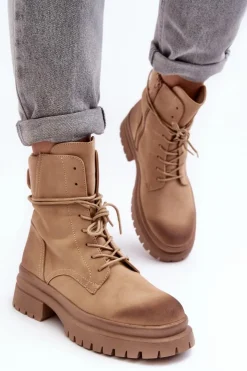 Damskie Boto Damskie Botki Trapery Na Grubej Podeszwie Beżowe Narelona