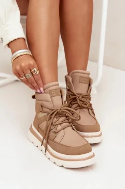 Outlet Boto Damskie Botki Trapery Na Platformie Camel Liorae Brązowy