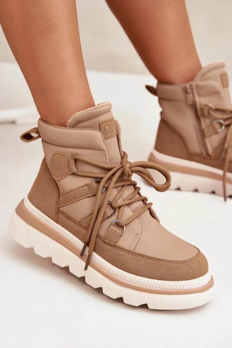 Outlet Boto Damskie Botki Trapery Na Platformie Camel Liorae Brązowy