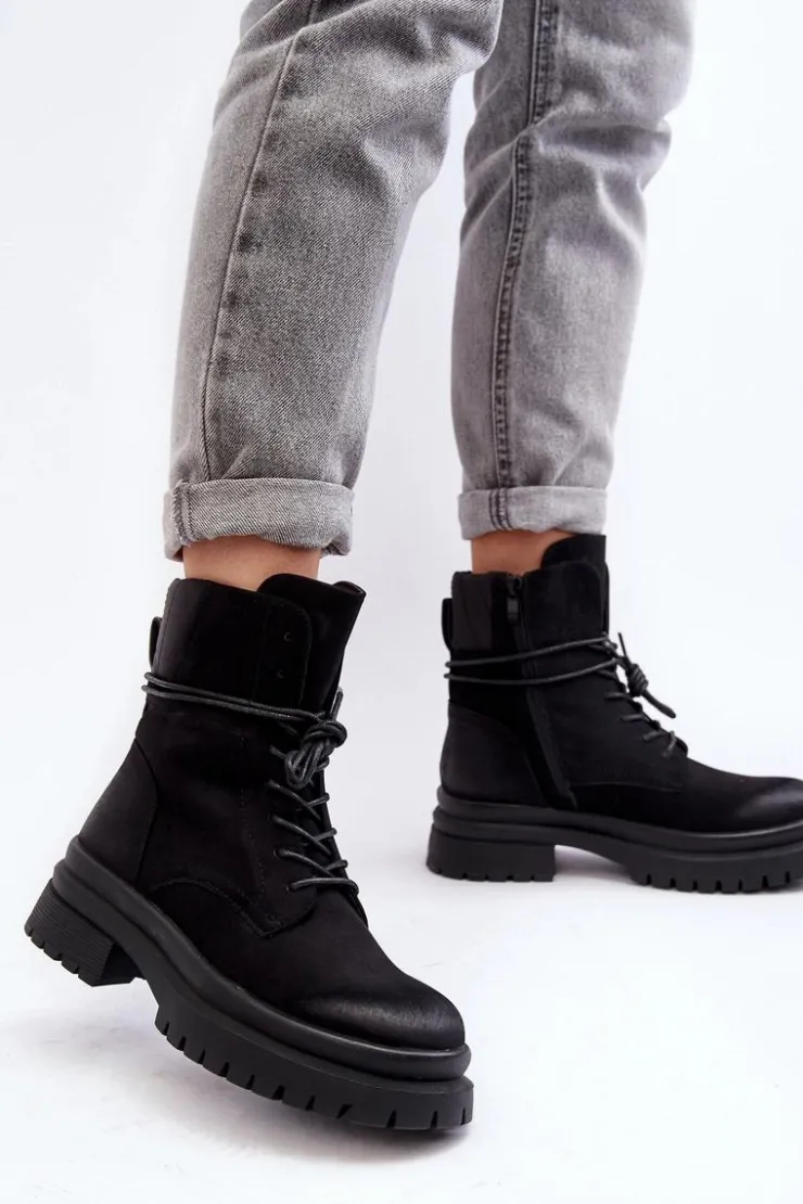 Boto Damskie Trapery|Botki Sznurowane*Damskie Botki Trapery Na Grubej Podeszwie Czarne Narelona Czarny