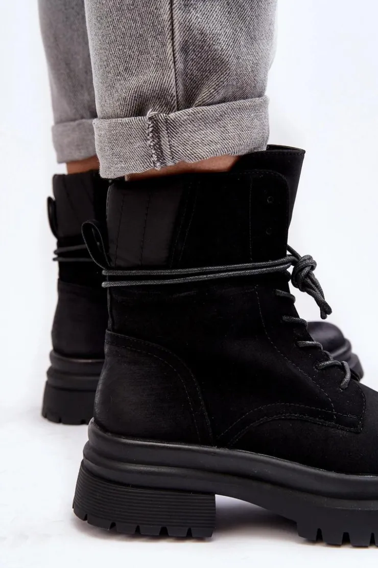 Boto Damskie Trapery|Botki Sznurowane*Damskie Botki Trapery Na Grubej Podeszwie Czarne Narelona Czarny