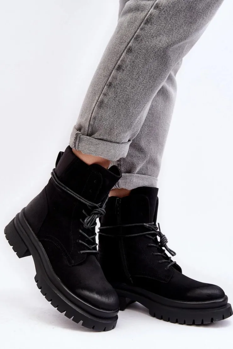 Boto Damskie Trapery|Botki Sznurowane*Damskie Botki Trapery Na Grubej Podeszwie Czarne Narelona Czarny