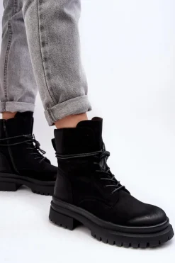 Boto Damskie Trapery|Botki Sznurowane*Damskie Botki Trapery Na Grubej Podeszwie Czarne Narelona Czarny