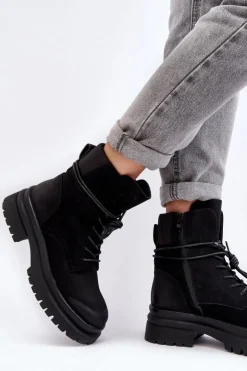Boto Damskie Trapery|Botki Sznurowane*Damskie Botki Trapery Na Grubej Podeszwie Czarne Narelona Czarny