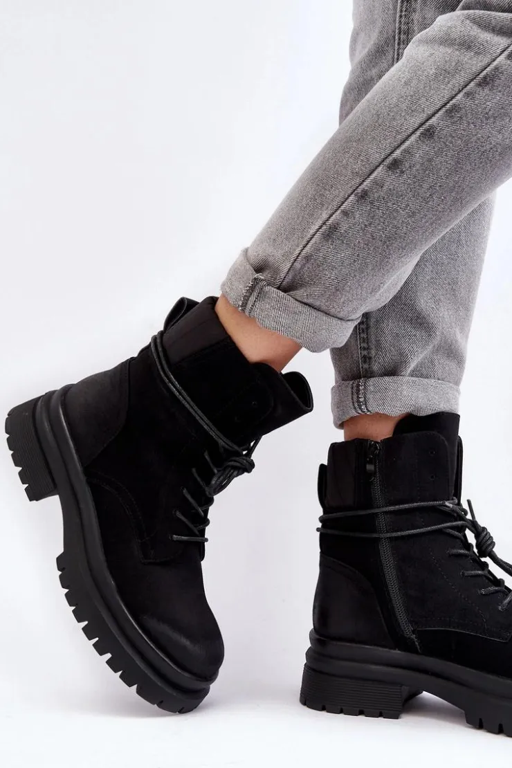 Boto Damskie Trapery|Botki Sznurowane*Damskie Botki Trapery Na Grubej Podeszwie Czarne Narelona Czarny