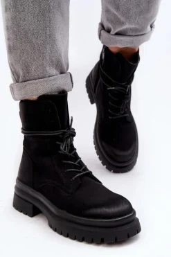 Boto Damskie Trapery|Botki Sznurowane*Damskie Botki Trapery Na Grubej Podeszwie Czarne Narelona Czarny