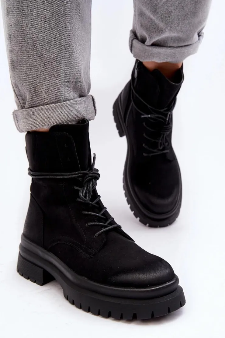 Boto Damskie Trapery|Botki Sznurowane*Damskie Botki Trapery Na Grubej Podeszwie Czarne Narelona Czarny